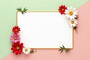 Elegant Floral Frame with Daisies and Cosmos on Soft Pastel Background for Seasonal Designs