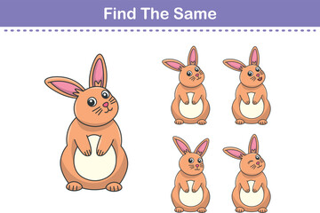 Funny cartoon rabbit. Find same pictures. Educational game for children. Cartoon vector illustration