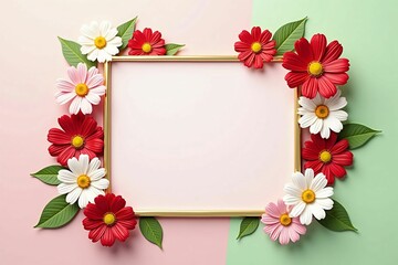 Elegant Floral Frame with Daisies and Cosmos on Soft Pastel Background for Seasonal Designs