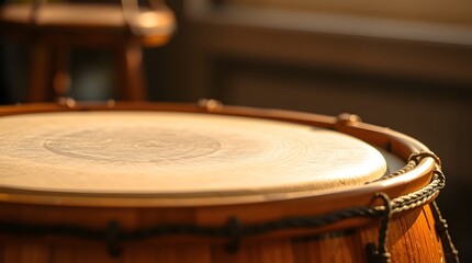 Obraz premium stock photo Close-up of a traditional wooden drum in rich burgundy and deep blue, soft cinematic haze, textured surface, decorative edges, blurred background. 
