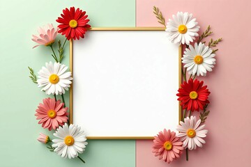 Obraz premium Elegant Floral Frame with Daisies and Cosmos on Soft Pastel Background for Seasonal Designs