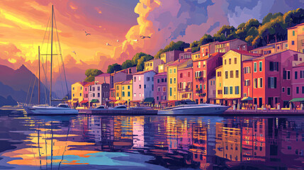 Fototapeta premium pixelated waterfront scene featuring colorful buildings and boats at sunset, reflecting vibrant hues on water