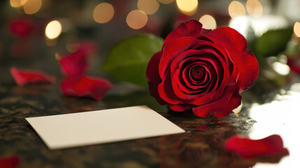 beautiful red rose with petals and blank card on table, creating romantic atmosphere. soft bokeh lights in background enhance mood of love and affection