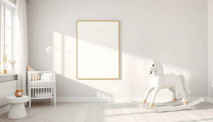 Empty mockup poster on the wall of interior with white wooden rocking horse, crib and nursery with white and gold accents, real photo, craft clay. isolated with white shades