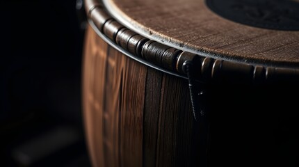 Obraz premium stock photo Close-up of a traditional wooden drum in rich burgundy and deep blue, soft cinematic haze, textured surface, decorative edges, blurred background. 