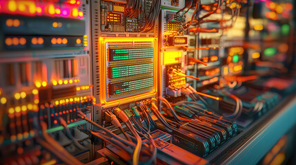 Obraz premium futuristic network system featuring router and switch with vibrant lights and intricate wiring, showcasing advanced technology