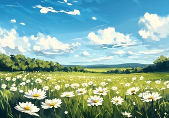 Tranquil Scene of a Vibrant Daisy Field Under a Bright Blue Sky with Fluffy Clouds and Lush Green Trees in the Background