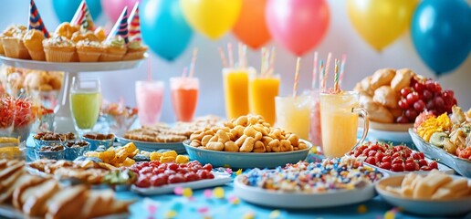 A vibrant party spread with snacks, drinks, and decorations for a celebration.