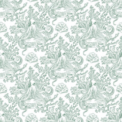 Marine Vector Seamless Pattern Background with Octopuses and Corals, Toile de jouy Vintage Classic Style