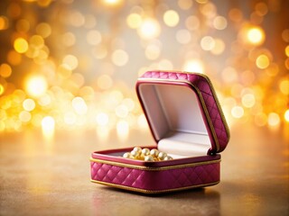 Elegant empty jewelry box bokeh photography; perfect for product display, featuring a light background and text space.