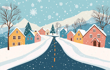 Winter Snowscape, Serene Country Road，illustration wallpaper background 4K