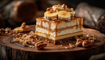 caramel banana cheesecake topped with nuts and banana slices