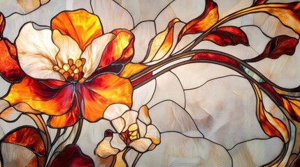 Fototapeta premium Stained glass artwork featuring vibrant flowers in orange and white hues.