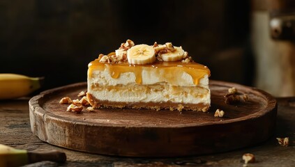 caramel banana cheesecake topped with nuts and banana slices