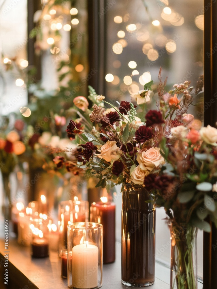 Aufkleber Stylish storefront display features elegant flower arrangements and warm candlelight during evening hours. Generative AI