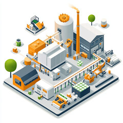 Isometric tiny factory with production lines, machinery, and vehicles