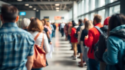 People in office or business interview waiting in a long unemployment line with blurred effect