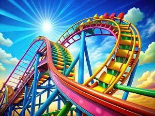 Rainbow hues streak past as a whimsical coaster carves a thrilling path through a joyful amusement park.
