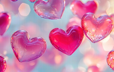 Obraz premium Floating heart-shaped jellies in various shades of pink and red, glowing against a bright backdrop for Saint Valentines Day