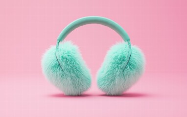 Fluffy mint green earmuffs mockup, slightly twisted mid-air, pastel pink background