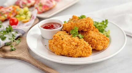 Crispy golden fish nuggets served on a clean white plate, paired with vibrant red ketchup, styled for bright and modern creative food photography