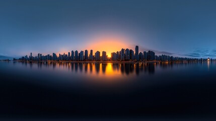 Fototapeta premium Panoramic sunset over city skyline reflected in calm water.