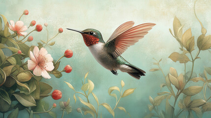 vibrant hummingbird in mid flight, showcasing its colorful feathers against serene floral background