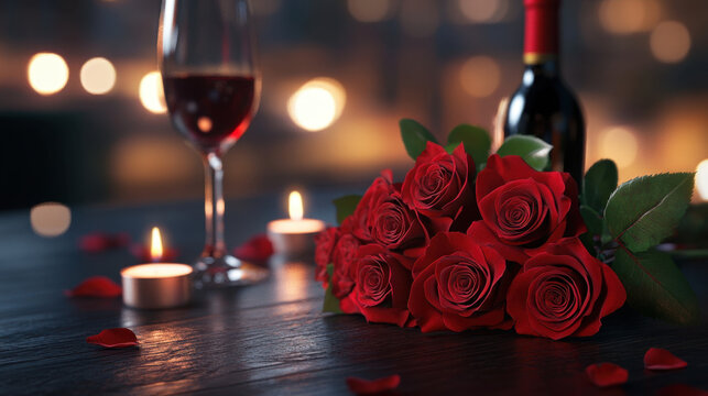 romantic setting featuring bouquet of vibrant red roses, glass of red wine, and candles, creating warm and intimate atmosphere for special occasion