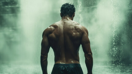 Muscular man showing back muscles under waterfall