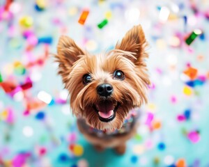 A joyful Yorkshire Terrier celebrating New Year 2025. Featuring vibrant party hats and decorations