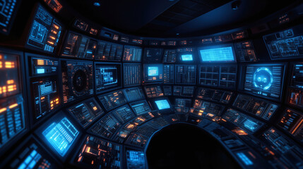 Futuristic spaceship control room monitoring system showing charts and graphs