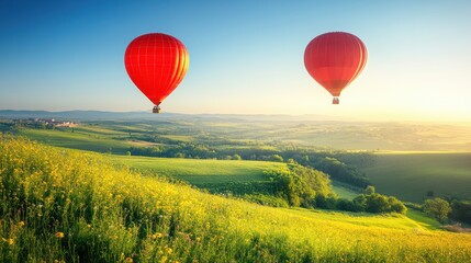 Majestic Hot Air Balloons Soaring Over Lush Green Fields and Rolling Hills Under a Clear Blue Sky at Sunrise in a Picturesque Landscape