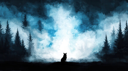 Fototapeta premium mystical fox silhouette against foggy forest backdrop, evoking wonder