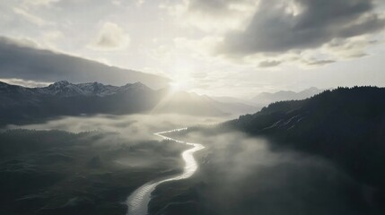 Fototapeta premium Serene River Valley at Dawn: A breathtaking aerial view of a winding river snaking through a misty valley, bathed in the soft glow of the rising sun, evoking tranquility and natural beauty. 