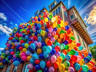 Stunning aerial shots showcase vibrant buildings decorated with colorful balloons, a breathtaking architectural spectacle.