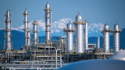A refinery set against an industrial skyline, with massive infrastructure components reflecting the scale of global oil production