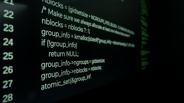 Extreme close-up shot of lines of code in white and green running on computer system monitors