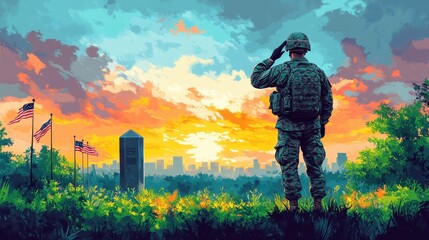 Respectful Animated Moment of Soldier Saluting at Sunset