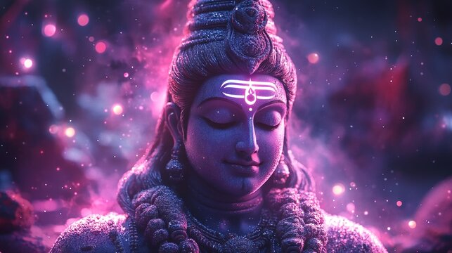 A close-up photograph of Lord Shiva's face with intricate details, capturing his serene expression and majestic presence.