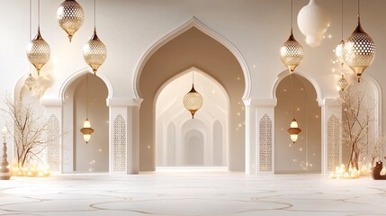 Fototapeta premium A serene and elegant white mosque interior with intricate gold accents.