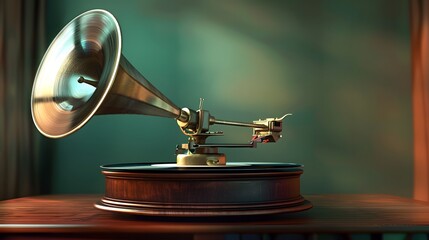 Vintage gramophone with brass horn and wooden base on table
