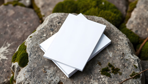 Clean minimal book 4x6 mockup on stone with moss and stick background, magazine photoshoot. isolated with white shades