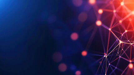 A vibrant abstract background featuring interconnected nodes and glowing particles in blue and red tones, creating a digital, futuristic atmosphere.