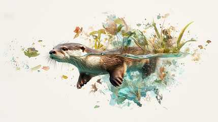 playful otter swims through pond, surrounded by vibrant plants and water. Its joyful movement creates lively scene