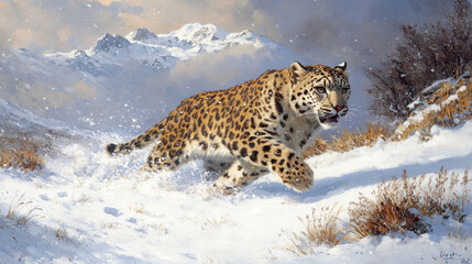 Fototapeta premium Snow Leopards in Winter: A Captivating Collection of Wildlife Art