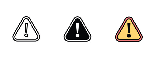 Set of 3 "Alert" icons with 1 line, 1 silhouette n 1 colored icon with an unexpanded vector inside - Alert icon featuring exclamation mark within triangle designed to symbolize warnings notifications 