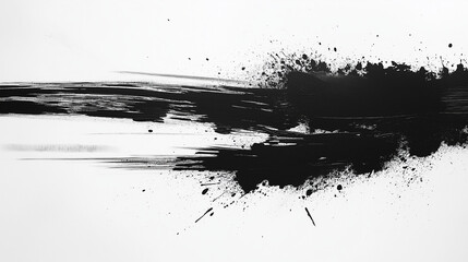 Bold black and white ink splatters on textured paper with visible imperfections.
