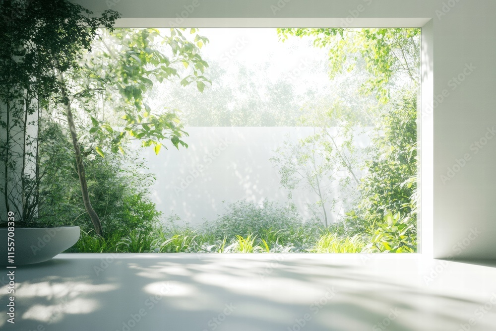 Aufkleber bright garden view through a large window offering a tranquil outdoor experience in contemporary des