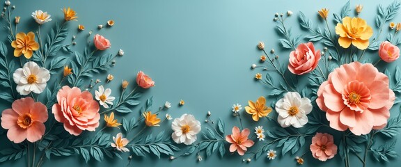 Fototapeta premium Vibrant Floral Arrangement - Lush Pink and White Flowers with Green Leaves and Yellow Accents on a Teal Background, Perfect for Elegant Botanical Designs
