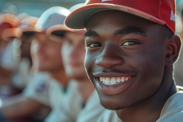 Fototapeta premium A joyful young player smiles from the dugout, showcasing team spirit and camaraderie in baseball.